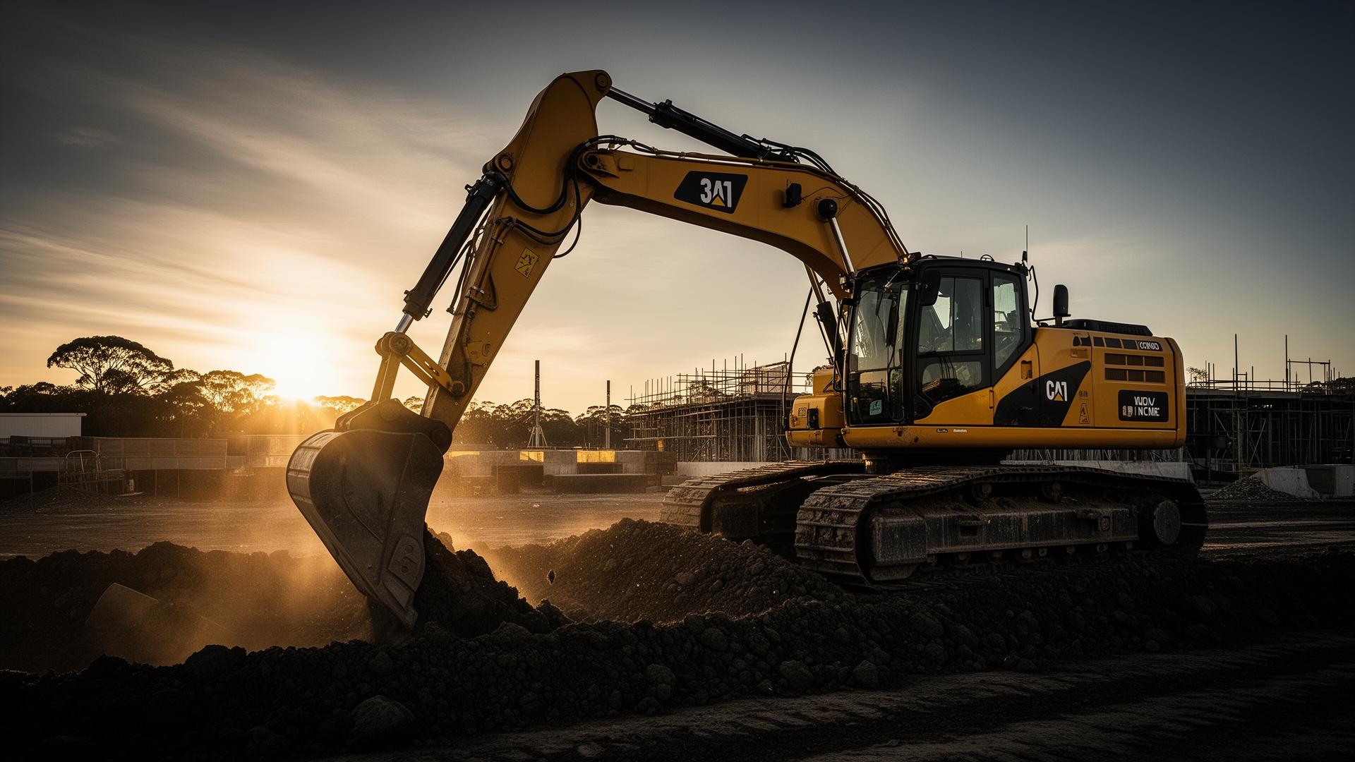 30-tonne excavator working on a Victoria construction site at sunset